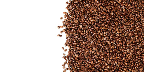 Layer of Roasted Coffee beans over white background, negative space