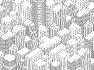 Isometric city background with skyscrapers. Offices, stores and headquarter. Vector illustration.