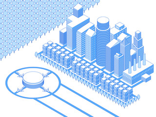 City buildings 3d isometric projection for map. Modern urban airport terminal. Vector illustration.