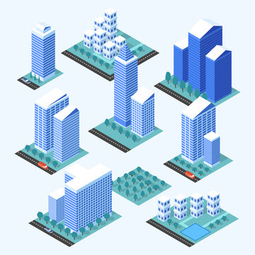 City buildings 3d isometric projection for map. 3d city map elements. Vector illustration.