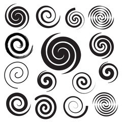 Spiral collection. Set of simple spirals. Set of black elements for design. Vector illustration flat style. Isolated on white background. Swirl drawn with a brush. Abstract sketch.