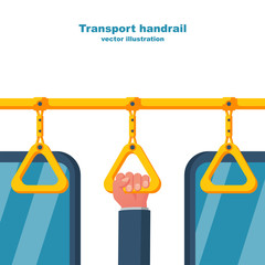 Human holds on to the handrail in public transport. Hanging yellow handle. Ceiling bracket. Handles for passengers. Grip metro or bus. Vector illustration flat design. Isolated on white background. © hvostik16