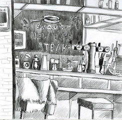 Modern cafe interior in loft style. Hand drawn sketch illustration.