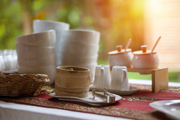 The breakfast buffet set on the table