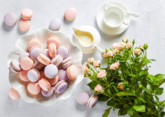 french macarons on a plate, flat lay