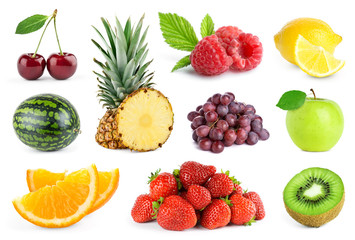 Collection of fruits on white background. Fresh color food