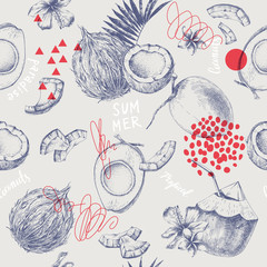 Seamless pattern with hand drawn coconuts and tropical flowers