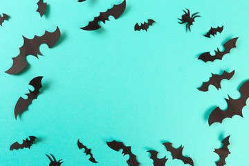 Halloween paper decorations on pastel blue  background. Halloween concept. Flat lay, top view, copy space - Image