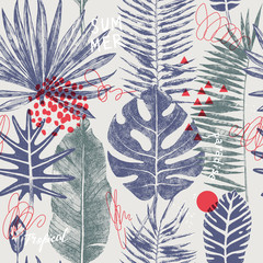 Materiał do szycia Seamless pattern with hand drawn tropical leaves