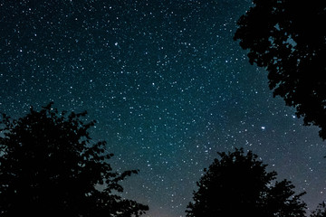 Overhead milky way with stars in clear summer night. Old barn house. Country side.