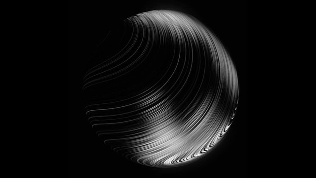 Abstract shining black and white lined sphere rotating on black background. Animation. Breathtaking silver 3D ball covered with curved flashing lines, seamless loop.