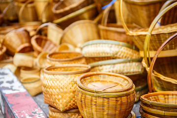 Wicker market Rattan basket.Rattan or bamboo handicraft hand made from natural straw basket