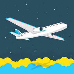 Fototapeta premium Airplane flies in the sky. Side view. Airliner. White airplane. Flat vector banner.