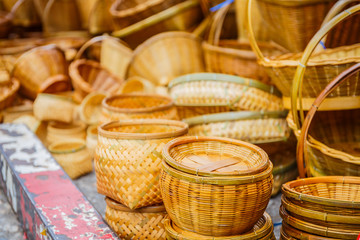 Wicker market Rattan basket.Rattan or bamboo handicraft hand made from natural straw basket