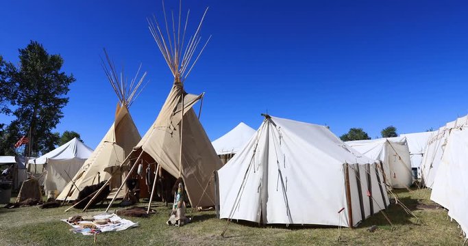 Rocky Mountain Man Rendezvous primitive camping. 19th century fur trading outpost on Oregon, California, and Mormon Trail. Pioneer, wilderness, camping and old trapper skills.