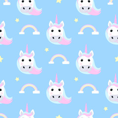 Funny unicorn and rainbow. Seamless pattern for the decoration of the nursery for a girl or boy, for the design of kids clothing, things