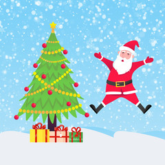 Santa Claus with christmas tree fir and present gifts jumping with falling snow flat style design vector illustration. Merry christmas and happy new year symbols.