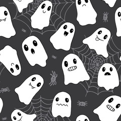 Fototapeta premium Halloween seamless pattern. Flat cute scary ghosts and spider web. Spooky characters