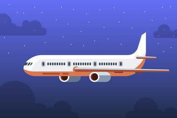Naklejka na ściany i meble Flying airplane. International transportation concept. Night sky, stars and clouds on the background. Vector illustration.