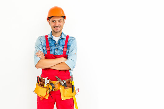 Stock image of male construction worker over white background