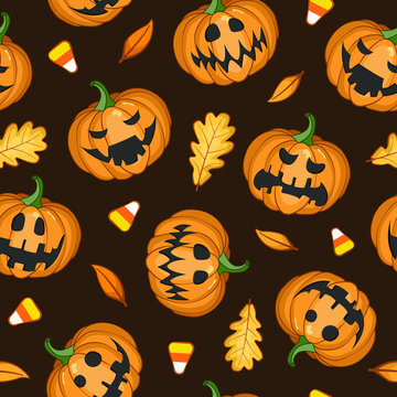 Vector seamless Halloween pattern with scary pumpkins on brown background for greeting card, gift box, wallpaper, fabric, web design.