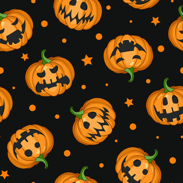 Vector seamless Halloween pattern with scary pumpkins on black background for greeting card, gift box, wallpaper, fabric, web design.
