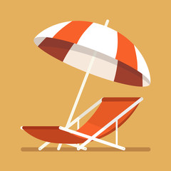 Vacation and travel banner. Beach umbrella, beach chair. Vector illustration.