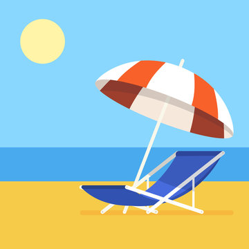 Vacation and travel concept. Beach umbrella, beach chair. Vector illustration.