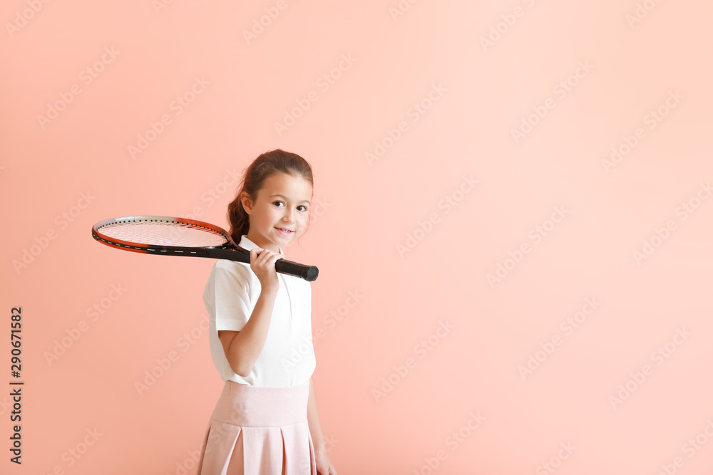 Canvas Prints Little girl with tennis racket on color background