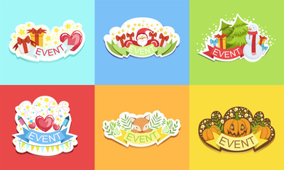 Cute Holiday Stickers Set, Prints for Cards, Patches, Party Decoration Vector Illustration