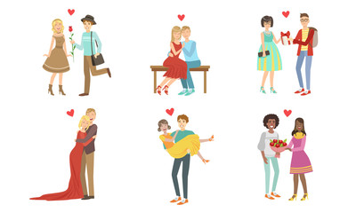 Happy Romantic Loving Couples Collection, Young Men and Women on Date, Walking, Hugging, Giving Gifts and Flowers, Having Dinner Vector Illustration