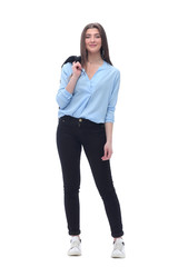 young business woman with a jacket over her shoulder .isolated on white