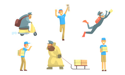 Postmen with Letters Set, Funny Deliverymen Cartoon Characters Delivering Parcels in Various Ways, Shipping Service Vector Illustration