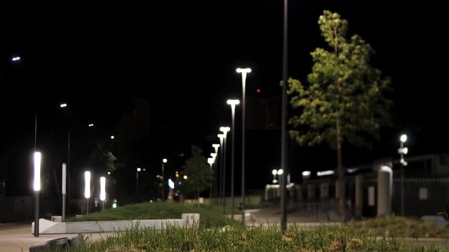 Beautiful city park walkway with lamps and green lawn at night. Stock footage. Lonely public place with and footpath along modern street lamps, green trees and grass.