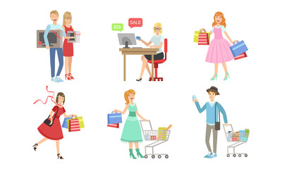 Collection of People Carrying Shopping Bags with Purchases, Online Shopping, Men and Women Taking Part in Seasonal Sale at Mall, Store or Shop Vector Illustration