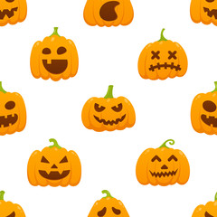 Seamless pattern with orange halloween pattern with scary faces horror grimaces flat style design vector illustration isolated on white background.