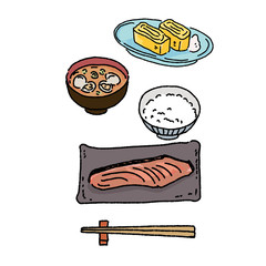 和食　イラスト　卵焼き　焼き鮭　手描き　