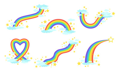 Rainbows Collection, Bright Rainbows in the Sky with louds Vector Illustration