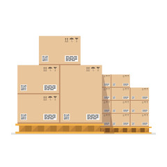 Cardboard boxes with fragile signs and barcode on wooded pallet. Vector illustration.
