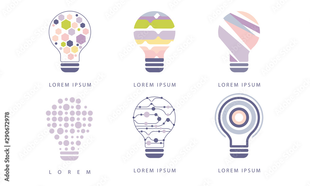 Sticker light bulbs with geometric elements set, modern digital technology, creative idea, label, badges des