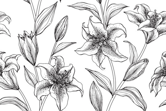 Lily flower and leaves pattern seamless background illustration.