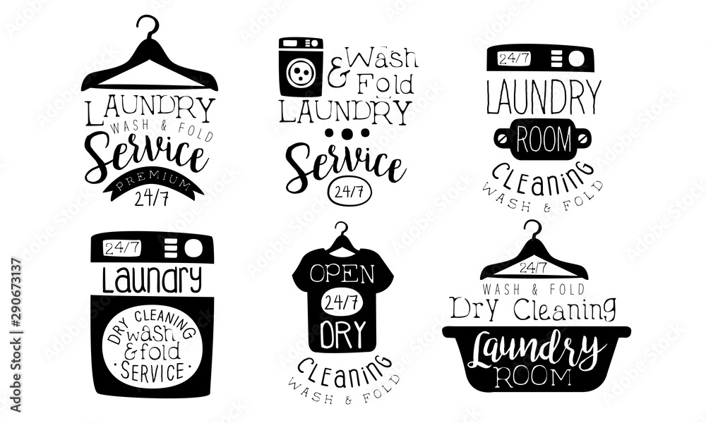 Sticker Laundry Service, Wash and Fold Labels Set, Dry Cleaning Laundry Room Vintage Hand Drawn Badges Monochrome Vector Illustration