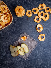 vegetarian dries apples, dehydrated healthy snack chips, copy space
