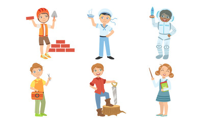 Cute Boys and Girls of Various Professions Set, Builder, Sailor, Astronaut, Lumberjack, Teacher Vector Illustration