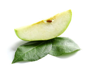 Slice of fresh pear on white background