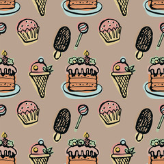 Sweets, desserts seamless pattern on a brown background. Hand-drawn multicolored doodle vector illustration retro style