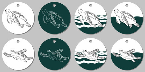 Round sticker template with sea turtle. Vector illustration with white and turquoise stains on white background