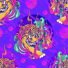 Tiger walk in fire and smoke wind design tattoo seamless pattern vector with vivid purple pink background 