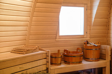 Fototapeta na wymiar Serpuhov, Russia - August, 22, 2019: Interior of a wooden sauna