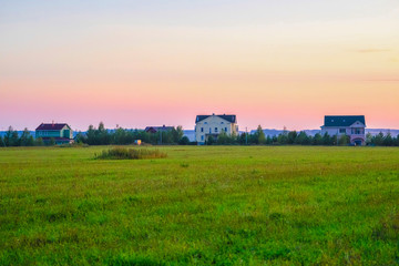 Fototapeta na wymiar Moscow region, Russia - September, 9, 2019: russian rural landscape at sunset in Moscow region, Russia